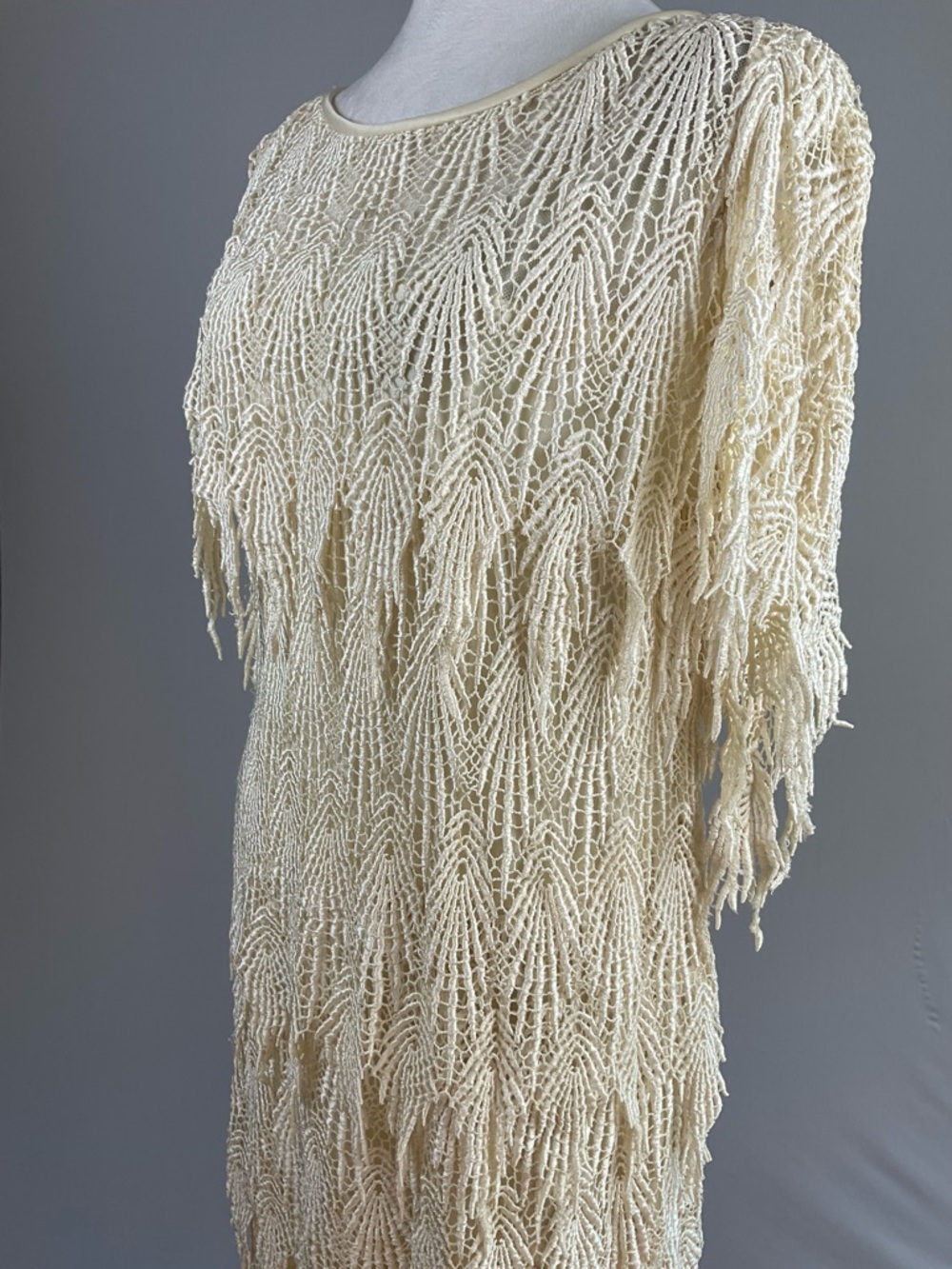 SAMAX Cream Crochet Fringe Mini Dress Lined Boho Coastal Resort Festival - Picture 6 of 16